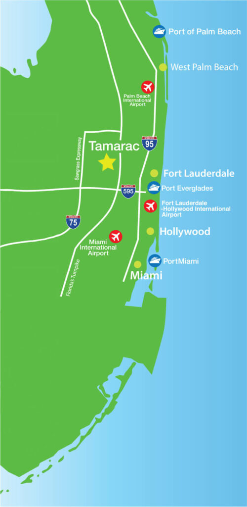 Map of South Florida that shows where Tamarac is located